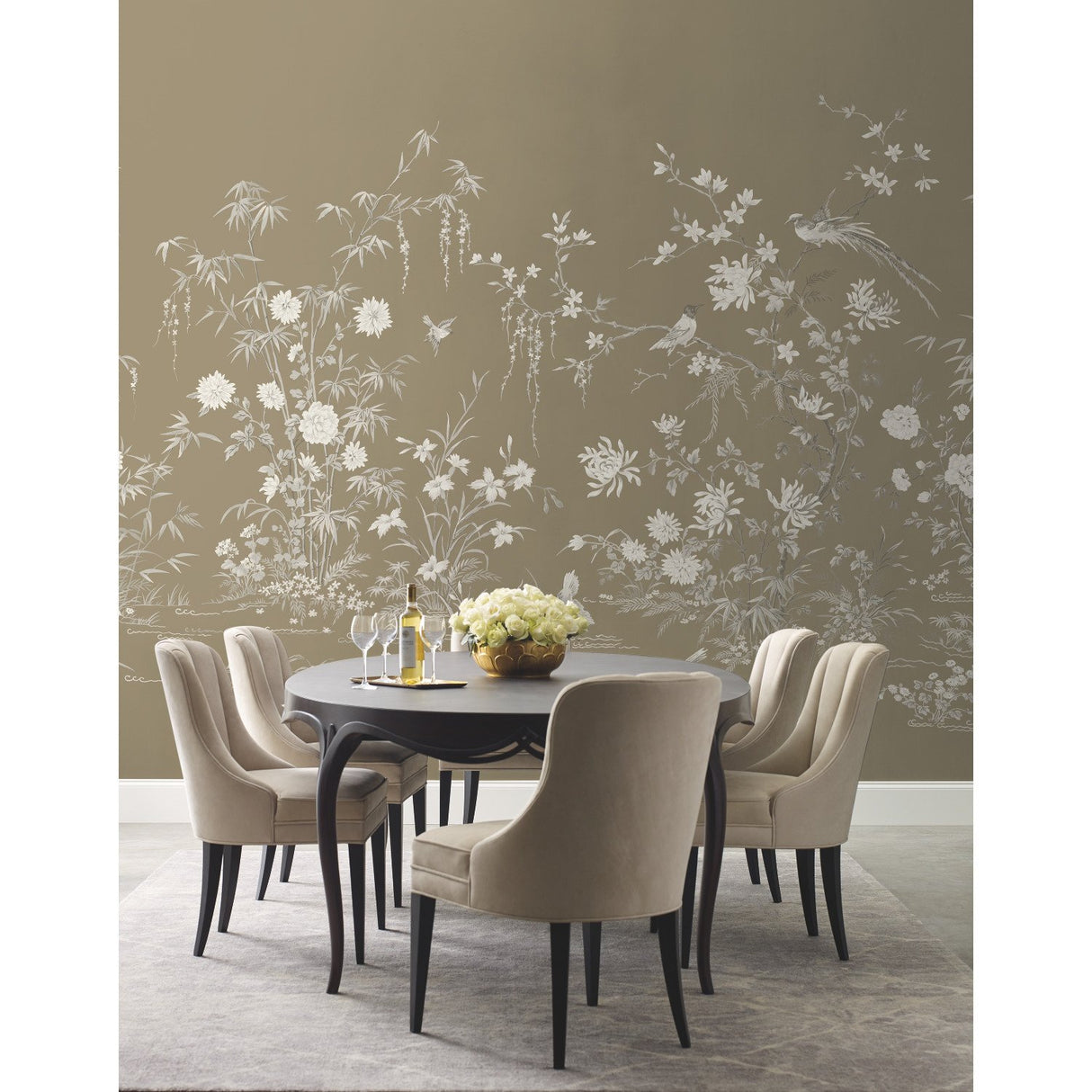 Flowering Vine Chino Brown Wall Mural with Botanical Chinoiserie Scene - York KT2263M