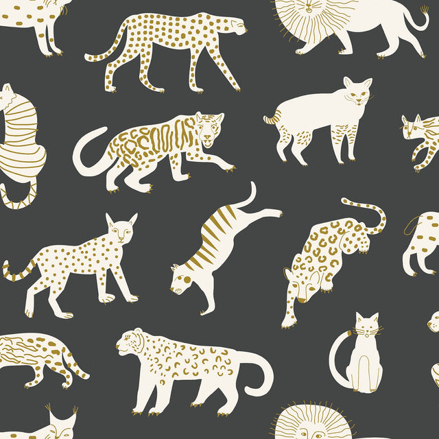 Kitty Kitty Black Peel & Stick Wallpaper with Whimsical Novelty Wild Cat Pattern - NuWallpaper LDS4582