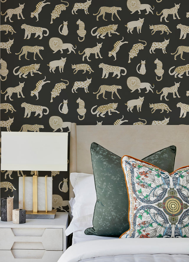 Kitty Kitty Black Peel & Stick Wallpaper with Whimsical Novelty Wild Cat Pattern - NuWallpaper LDS4582
