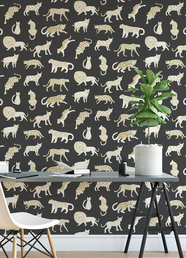 Kitty Kitty Black Peel & Stick Wallpaper with Whimsical Novelty Wild Cat Pattern - NuWallpaper LDS4582