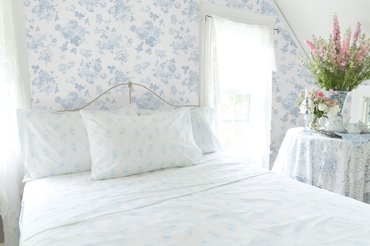 Everblooming Rosettes Blue Bella Ribbon Peel & Stick Wallpaper with Vintage Floral Motif - NuWallpaper LFS5017