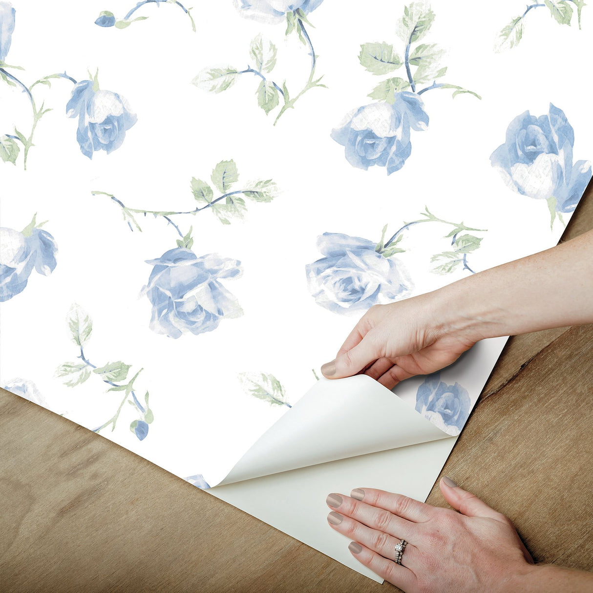 Ribbon Rosa French Blue Peel & Stick Wallpaper with Vintage Botanical Flower Pattern - NuWallpaper LFS6110