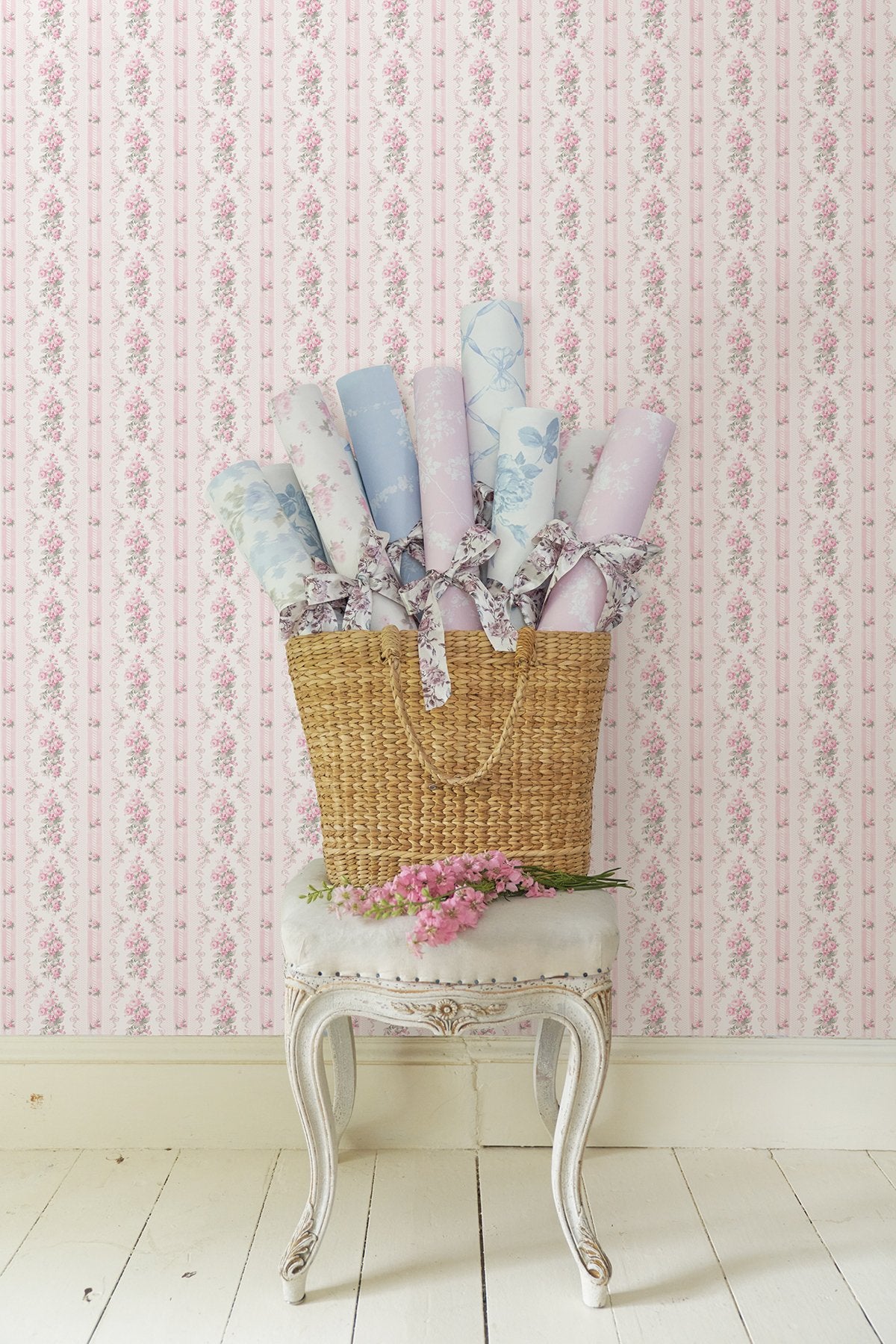 Dreamy Days Pink Parfait Peel & Stick Wallpaper with Vintage Floral Stripe Pattern - LFS6111