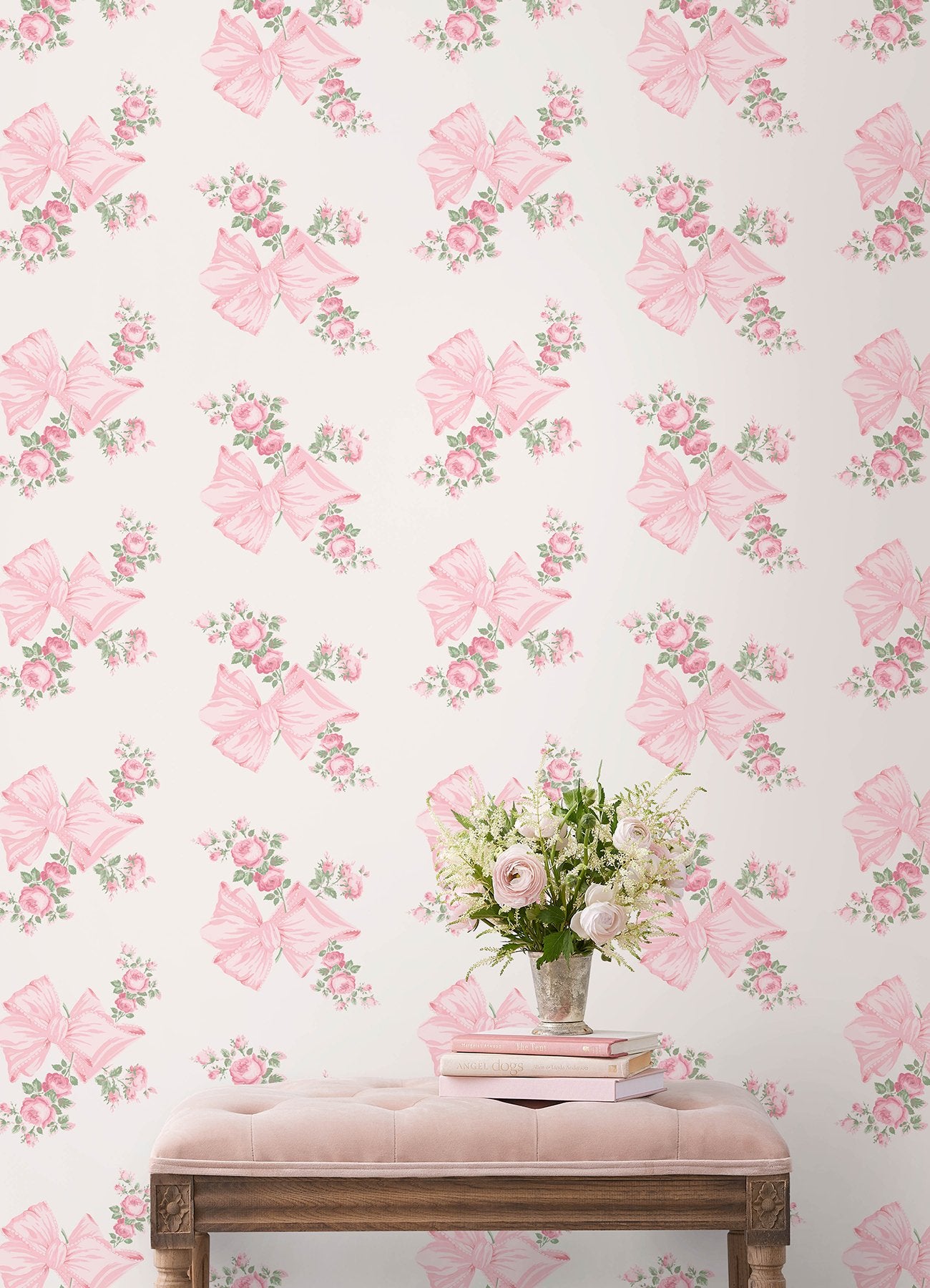 Rosa Beaux Pink Peel & Stick Wallpaper with Floral Bows - LFS6273
