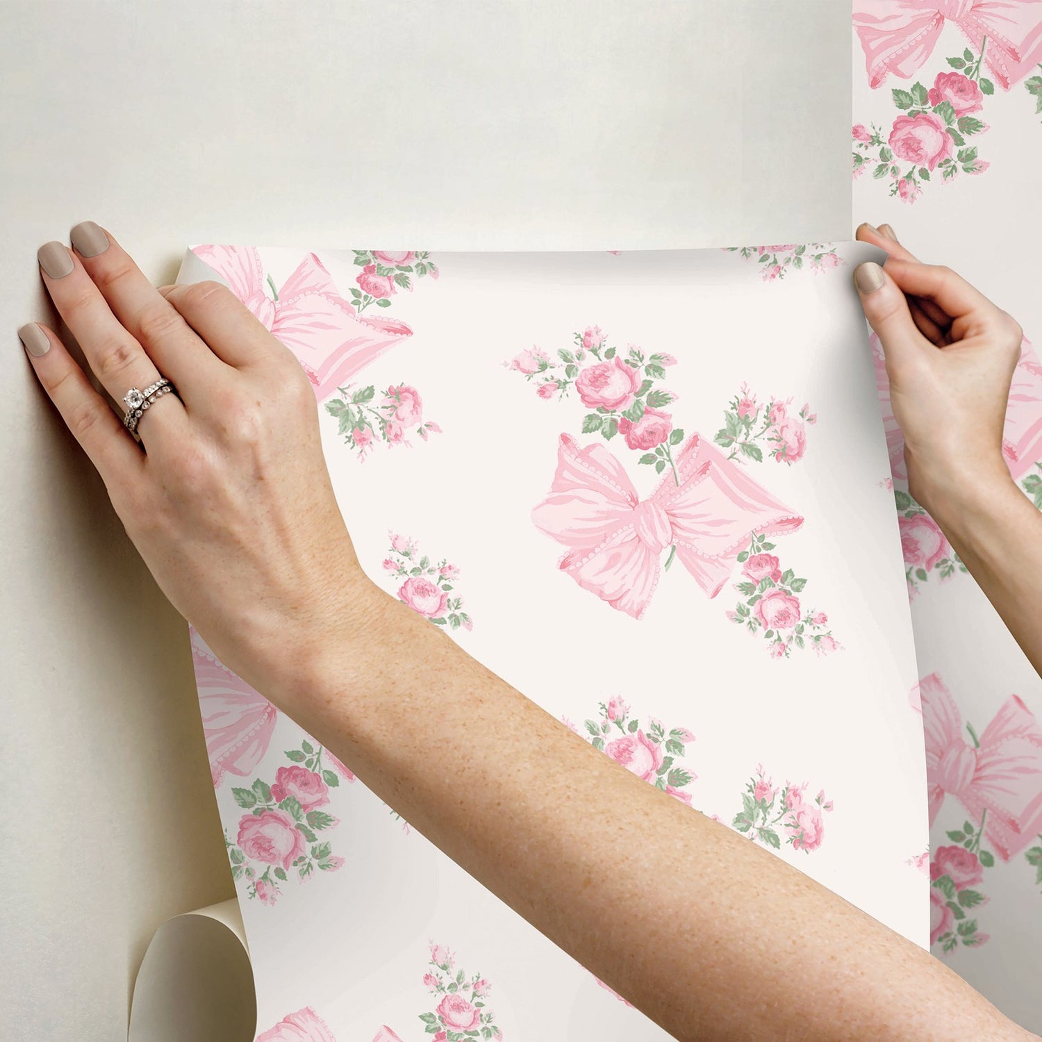 Rosa Beaux Pink Peel & Stick Wallpaper with Floral Bows - LFS6273