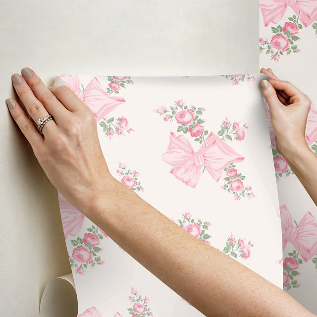 Rosa Beaux Pink Peel & Stick Wallpaper with Floral Bows - LFS6273