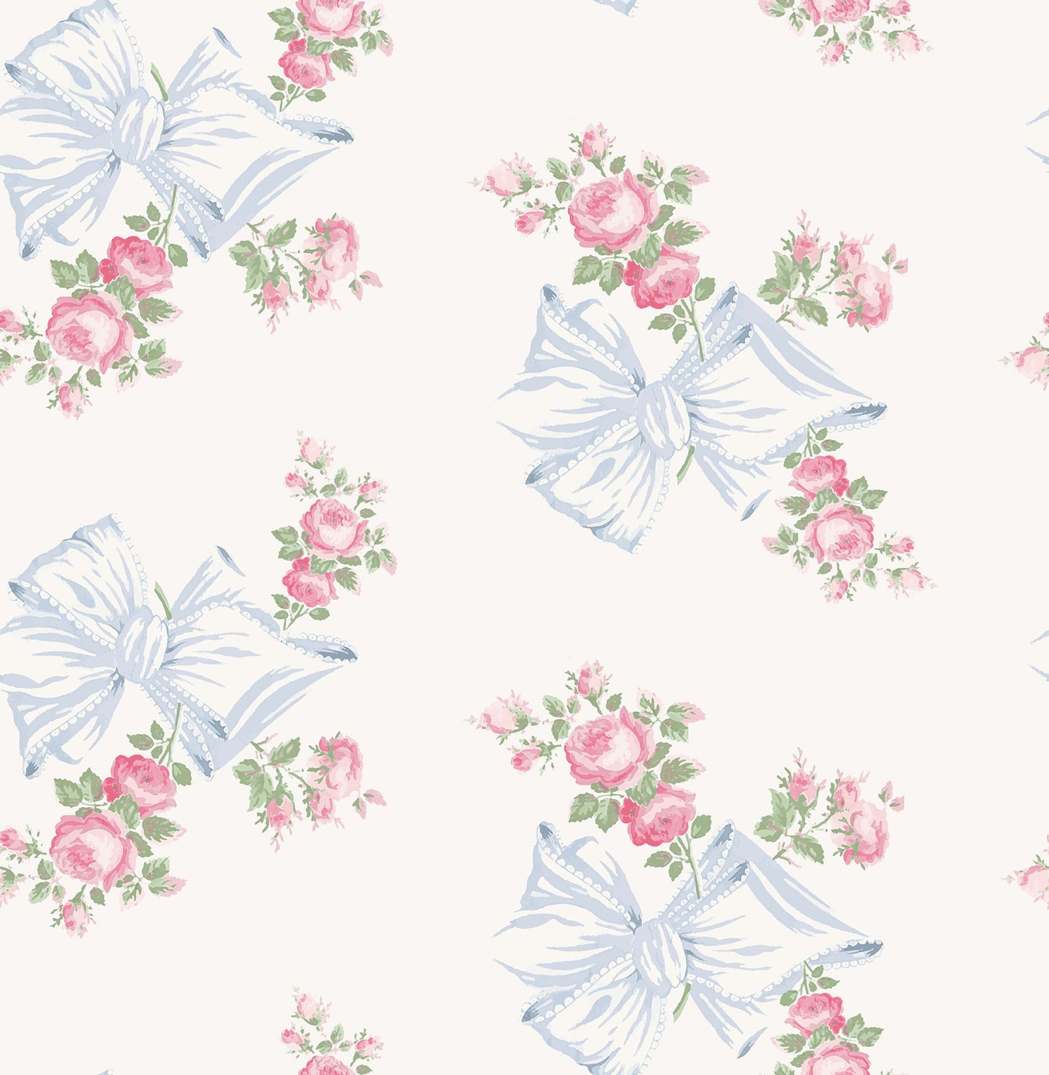 Rosa Beaux Pastel Blue Peel & Stick Wallpaper with Pink Roses and Blue Bows Motif - LFS6274