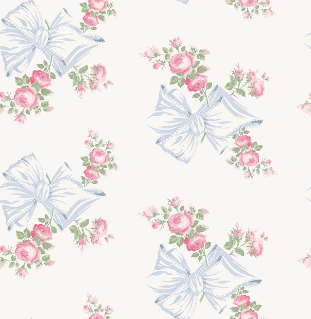 Rosa Beaux Pastel Blue Peel & Stick Wallpaper with Pink Roses and Blue Bows Motif - LFS6274