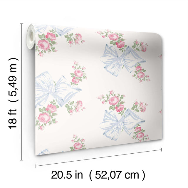 Rosa Beaux Pastel Blue Peel & Stick Wallpaper with Pink Roses and Blue Bows Motif - LFS6274