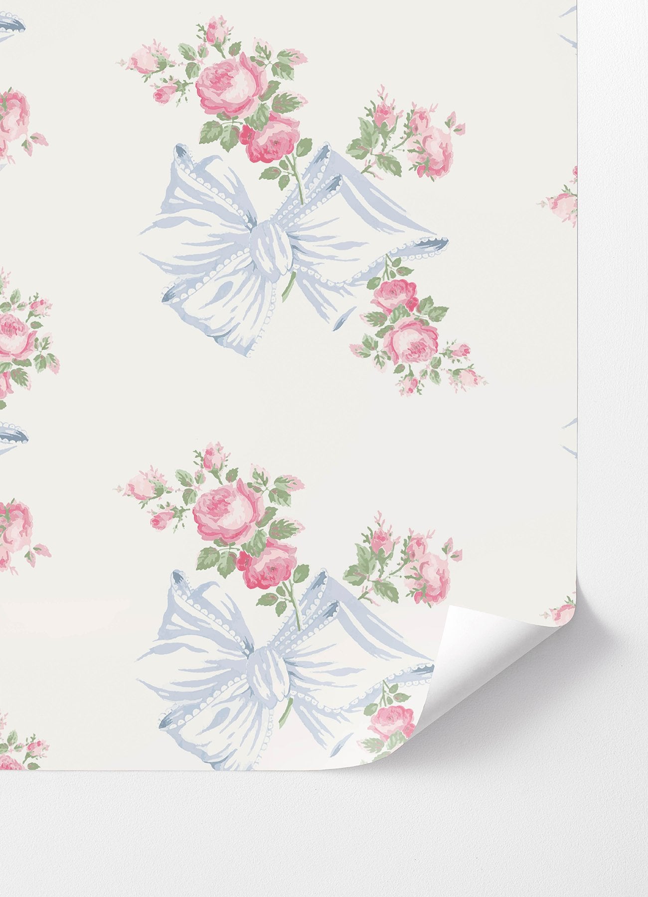Rosa Beaux Pastel Blue Peel & Stick Wallpaper with Pink Roses and Blue Bows Motif - LFS6274