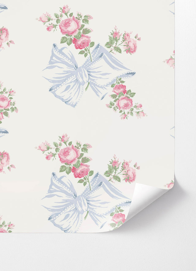 Rosa Beaux Pastel Blue Peel & Stick Wallpaper with Pink Roses and Blue Bows Motif - LFS6274
