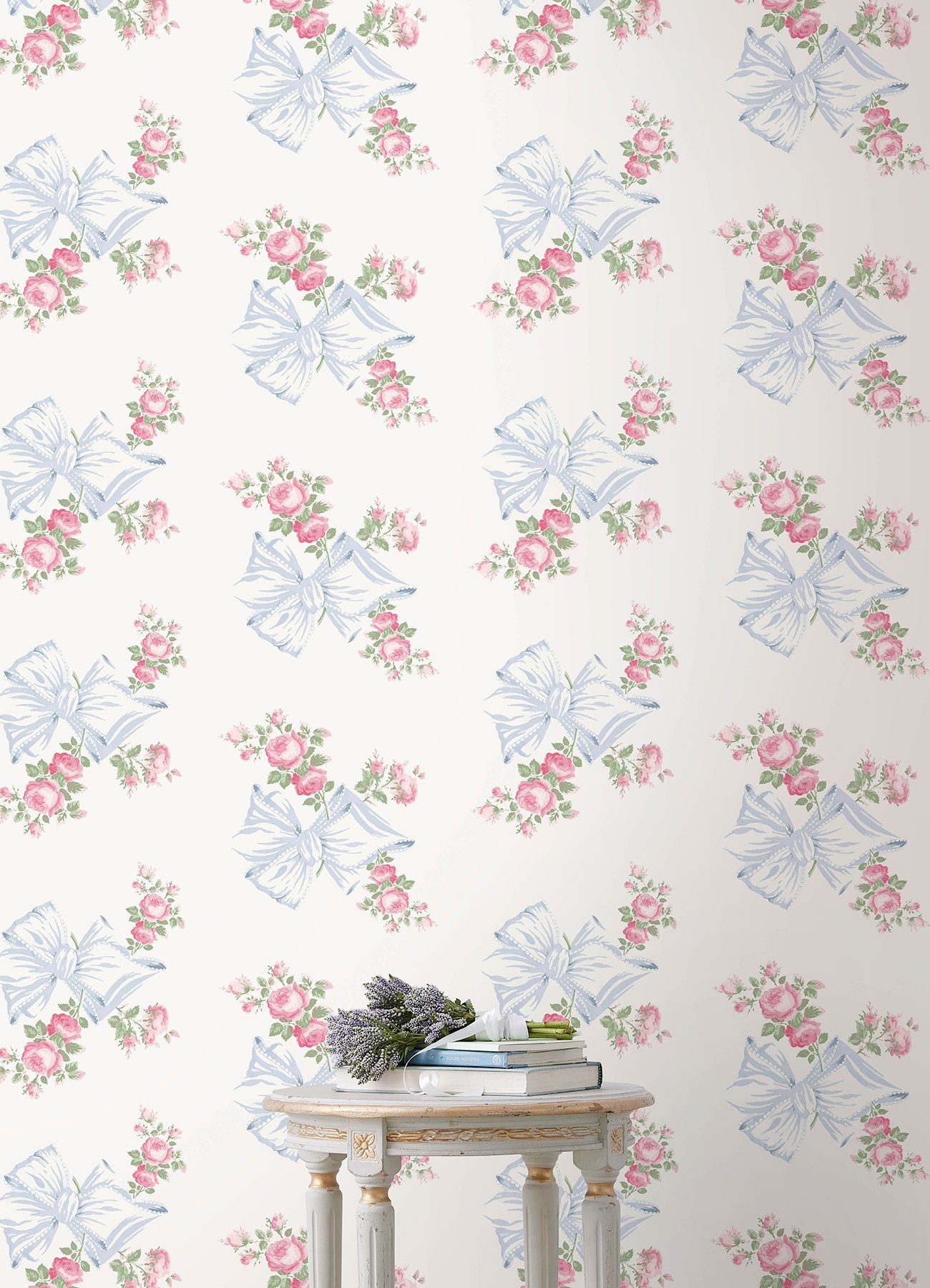 Rosa Beaux Pastel Blue Peel & Stick Wallpaper with Pink Roses and Blue Bows Motif - LFS6274