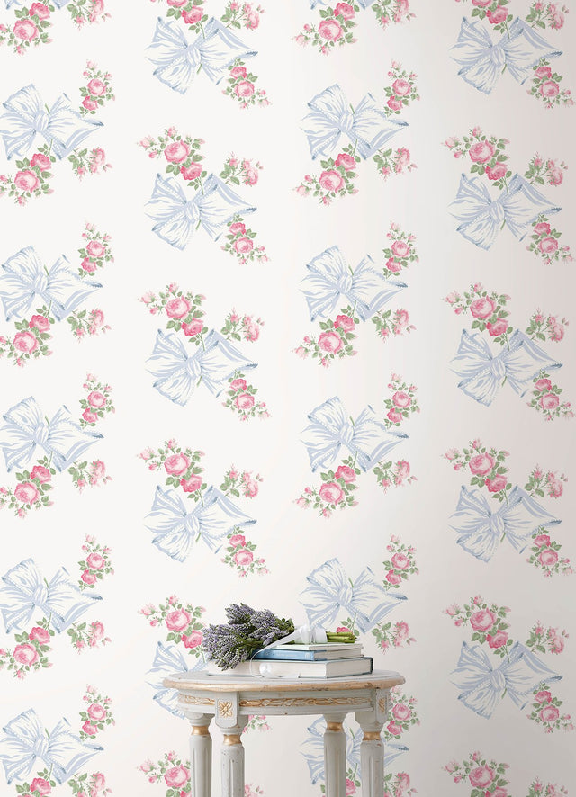 Rosa Beaux Pastel Blue Peel & Stick Wallpaper with Pink Roses and Blue Bows Motif - LFS6274