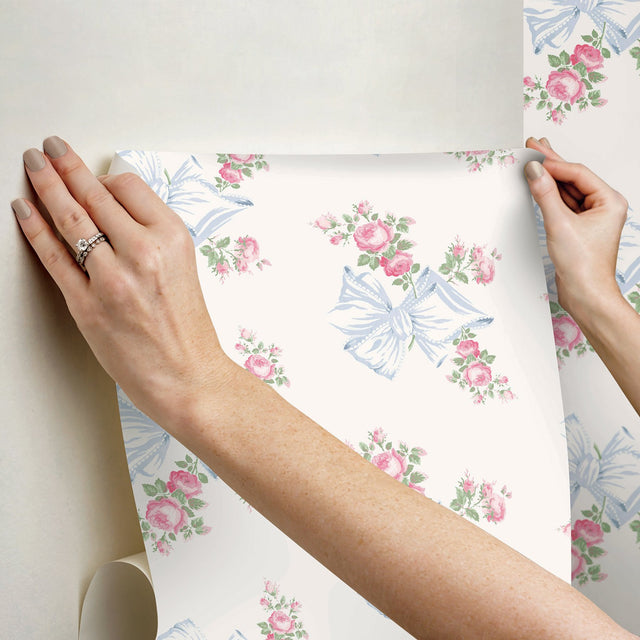 Rosa Beaux Pastel Blue Peel & Stick Wallpaper with Pink Roses and Blue Bows Motif - LFS6274