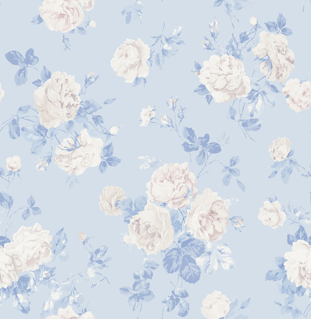 Everblooming Rosettes Whisper Blue Cabbage Rose Bouquets Peel and Stick Wallpaper by NuWallpaper - LFS6490, featuring voluminous white rose bouquets with blue leaves on a soft sky blue background