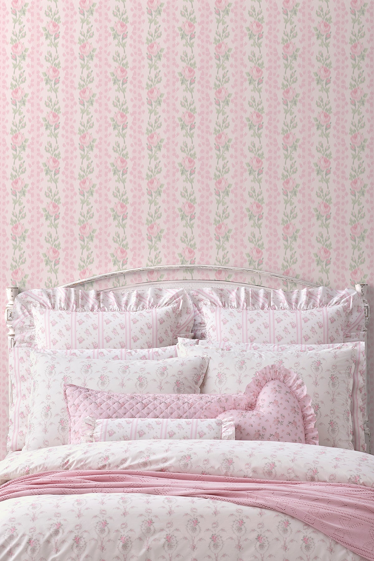 Blooming Heirloom Strawberry Macaron Rose Stripe Peel and Stick Wallpaper by NuWallpaper for LoveShackFancy Botanical Floral Collection - LFS6491