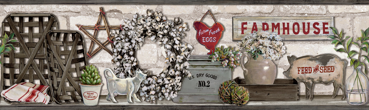 Farmhouse Shelf Black Wallpaper Border with Rustic Farmhouse Motif - York LG1300BD