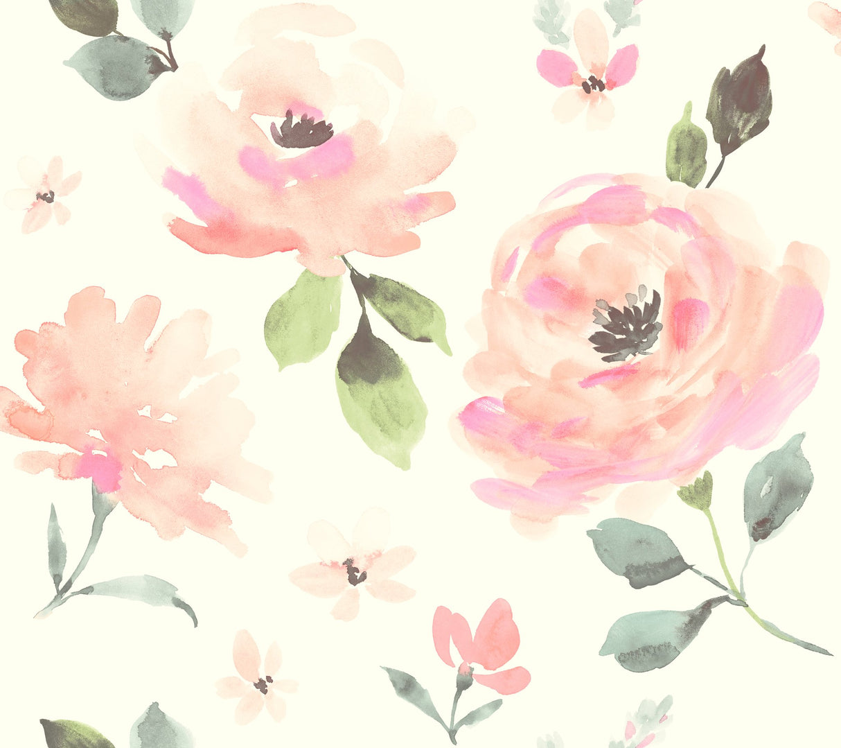 Watercolor Blooms Pinks & Oranges Wallpaper with Floral Watercolor Motif - York LK8318