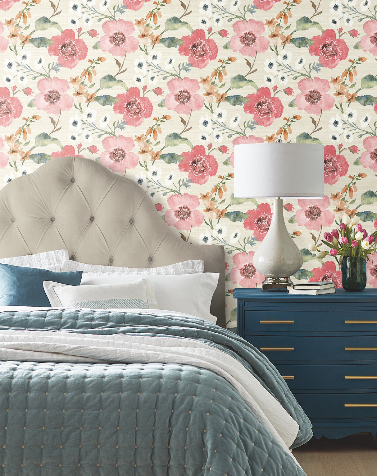 Evelyn Pink by Antonina Vella Lush Botanical Floral Wallpaper Featuring Summertime Blooms on a Variegated Textured Beige Background - LL3200