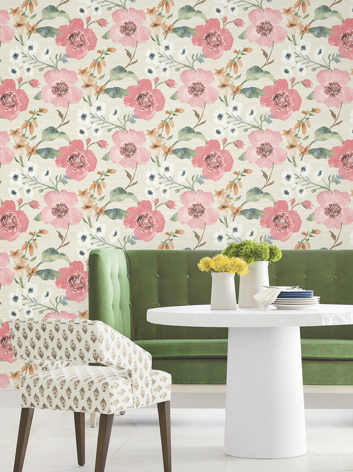 Evelyn Pink by Antonina Vella Lush Botanical Floral Wallpaper Featuring Summertime Blooms on a Variegated Textured Beige Background - LL3200