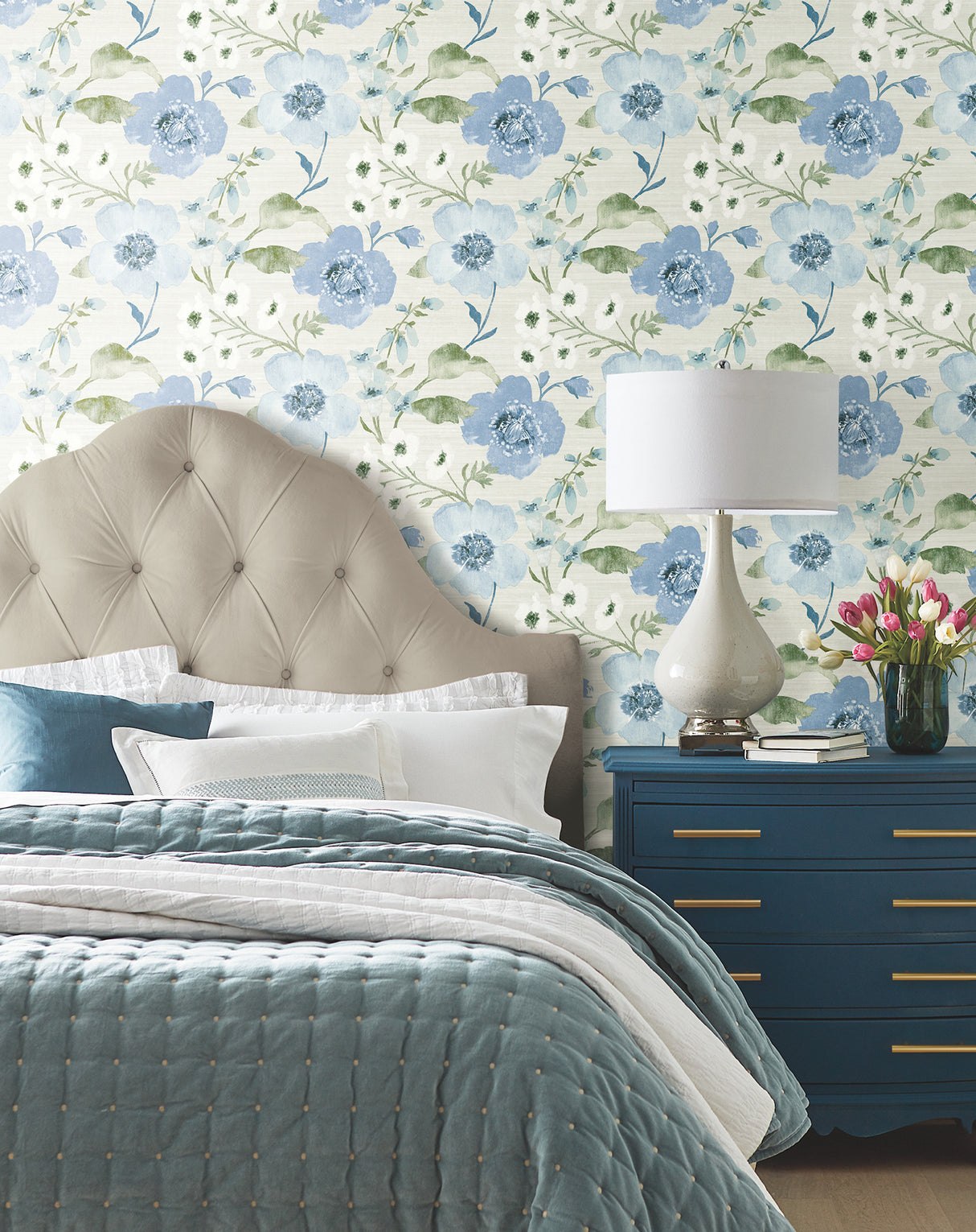 Evelyn Blue Floral Wallpaper by Antonina Vella Layered Luxe Collection Botanical Country Washable Strippable Unpasted Non Woven 27in x 27ft - LL3203