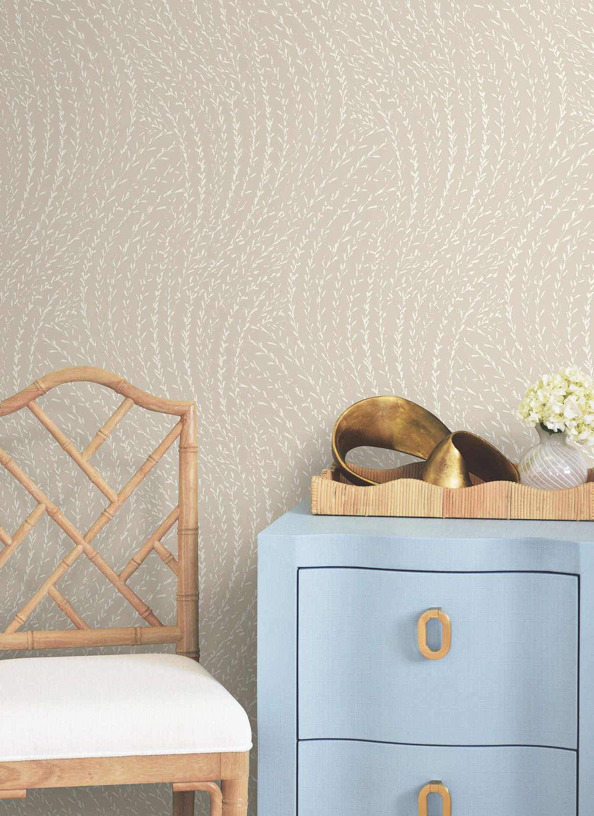 Willow Song Taupe Botanical Wallpaper by Antonina Vella Non-Woven Strippable Washable Traditional Wallcovering Layered Luxe Collection - LL3218