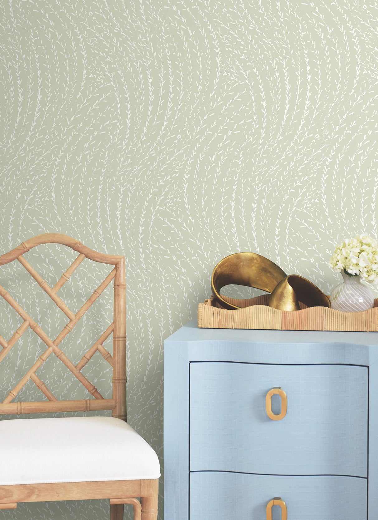 Willow Song Sage Botanical Wallpaper by Antonina Vella from the Layered Luxe Collection, Traditional Non Woven, 27-in by 27-ft - LL3221
