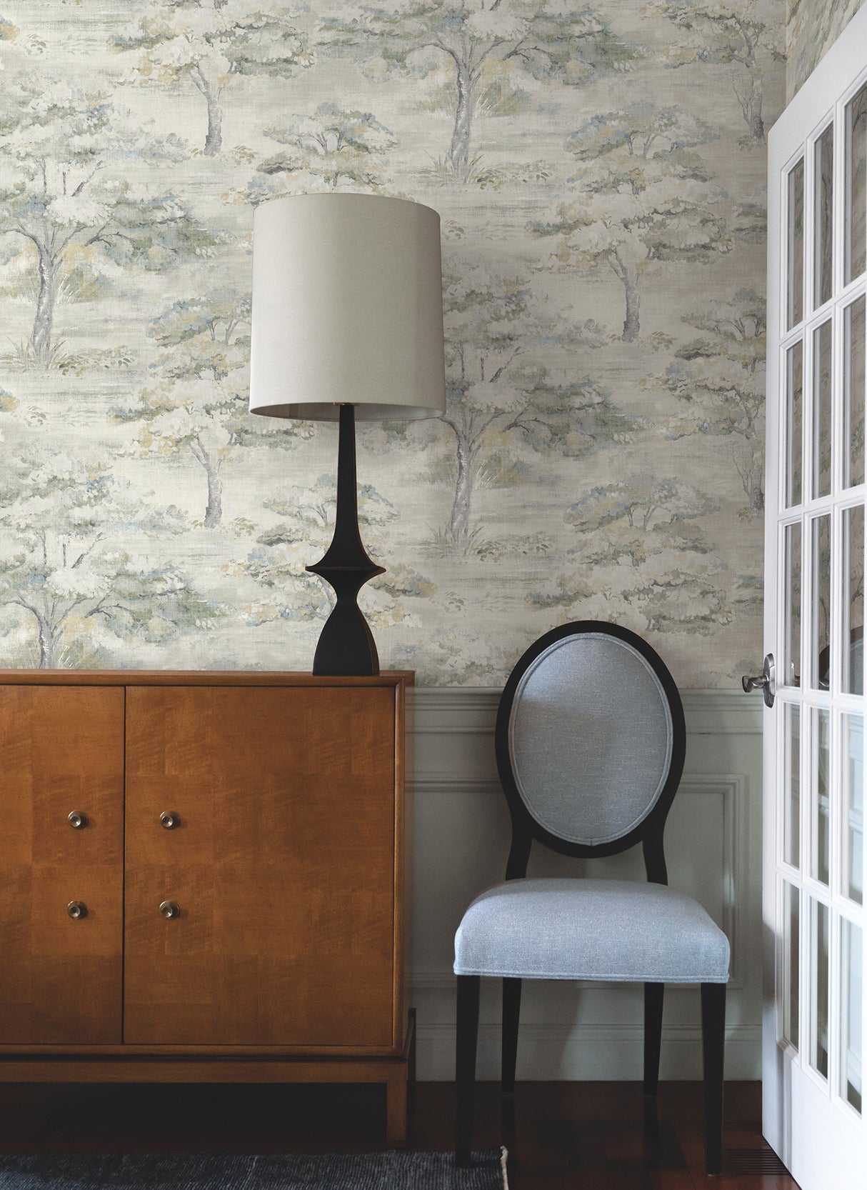Moreno Slate by Antonina Vella Scenic Woodland Tree Botanical Wallpaper in Soft Grey Green Chartreuse and Light Blue Tones - LL3225