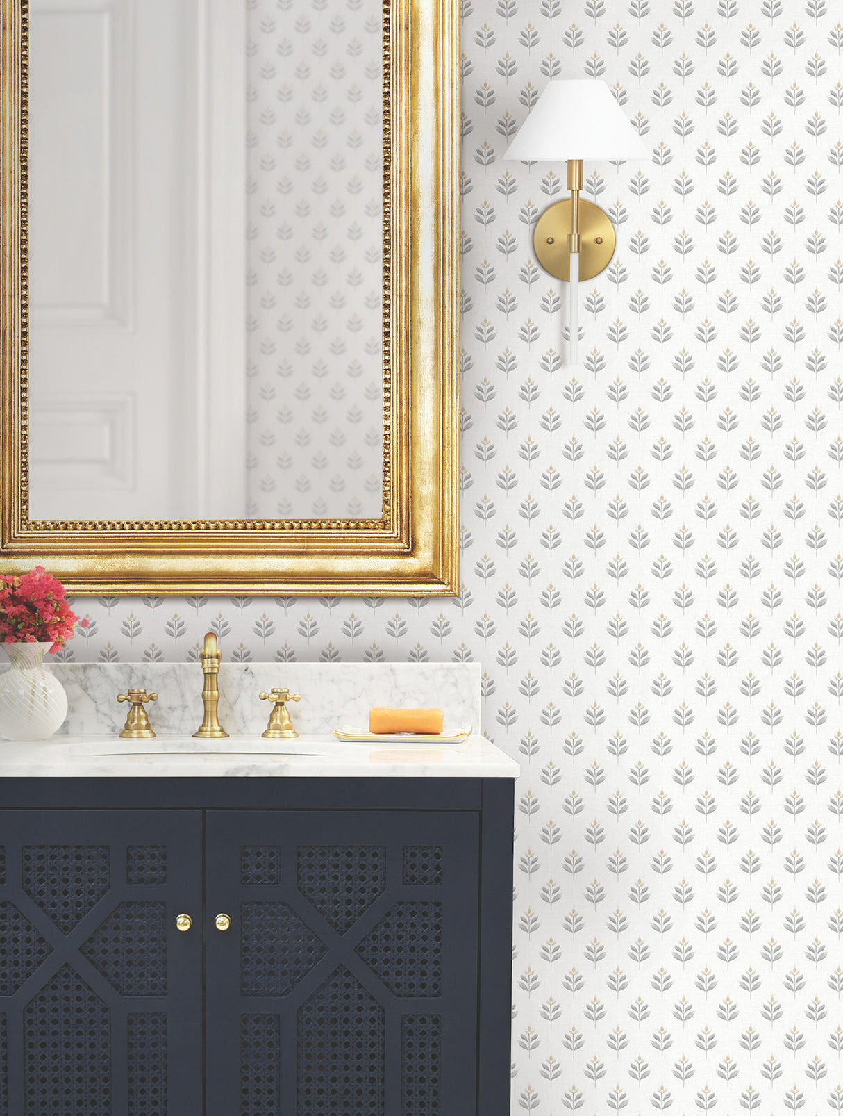 Serene Villa Stone Floral Stamp Wallpaper, Stone Colorway, Traditional Botanical, Non Woven, Unpasted, 27 in x 27 ft by Antonina Vella - LL3234