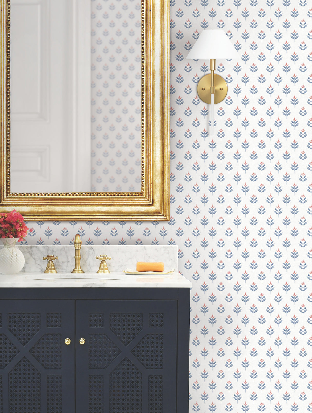 Serene Villa Red Floral Stamp by Antonina Vella Layered Luxe Traditional Botanical Non Woven Unpasted Washable Strippable Wallpaper - LL3235