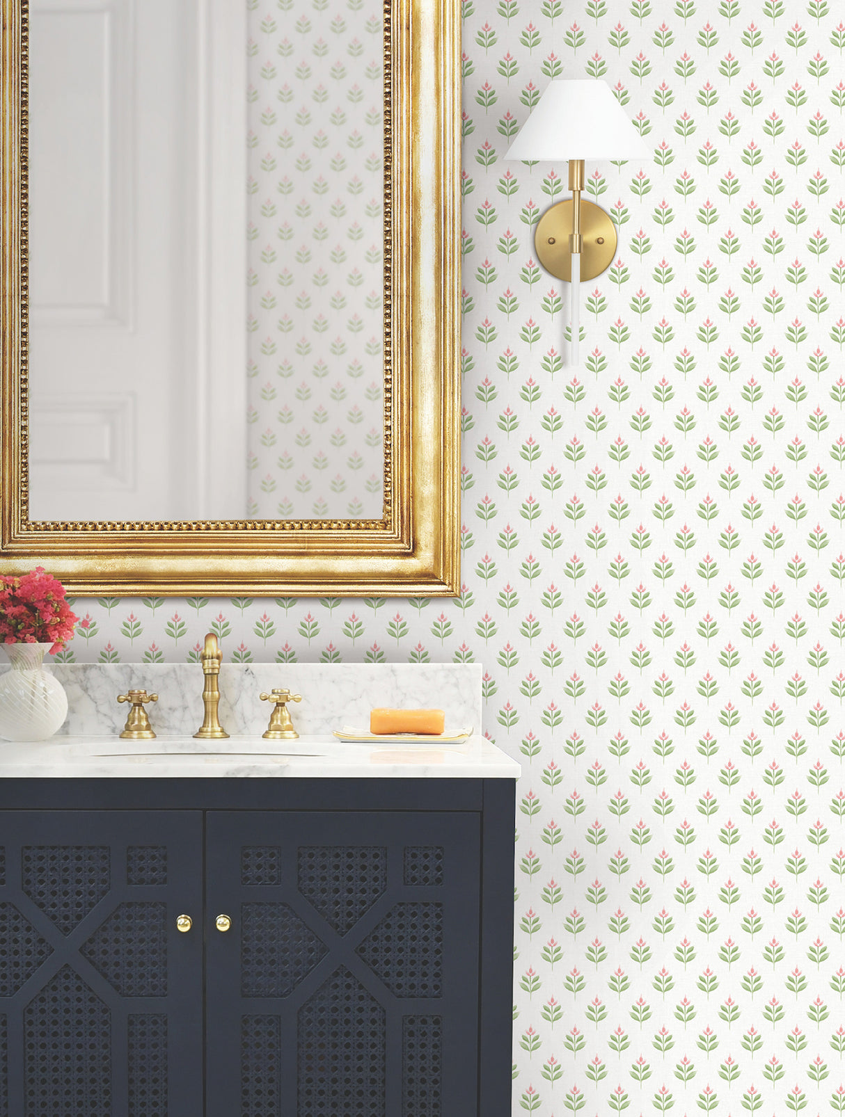 Serene Villa Pink and Spring Green by Antonina Vella Floral Stamp Traditional Botanical Non Woven Unpasted Wallpaper Roll - LL3236