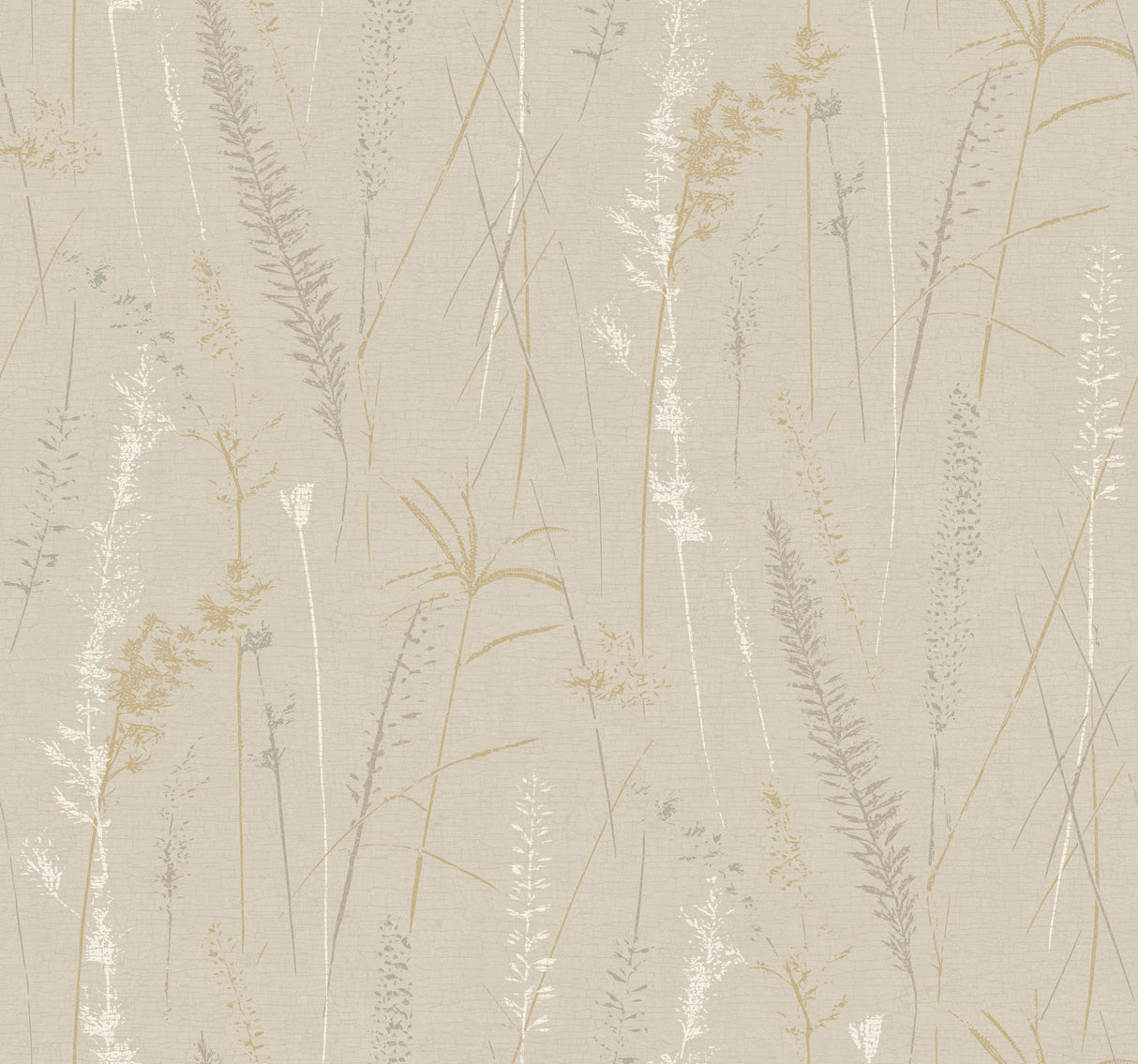 Meadow Splendor Neutral Botanical Wallpaper by Antonina Vella - LL3239, featuring metallic gold, pewter, and white prairie grass silhouettes on a taupe non woven background