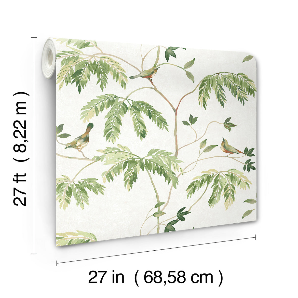 Cillian Green Botanical Bird Trail Wallpaper, Traditional Bird and Botanical Design in Green by Antonina Vella Layered Luxe - LL3250