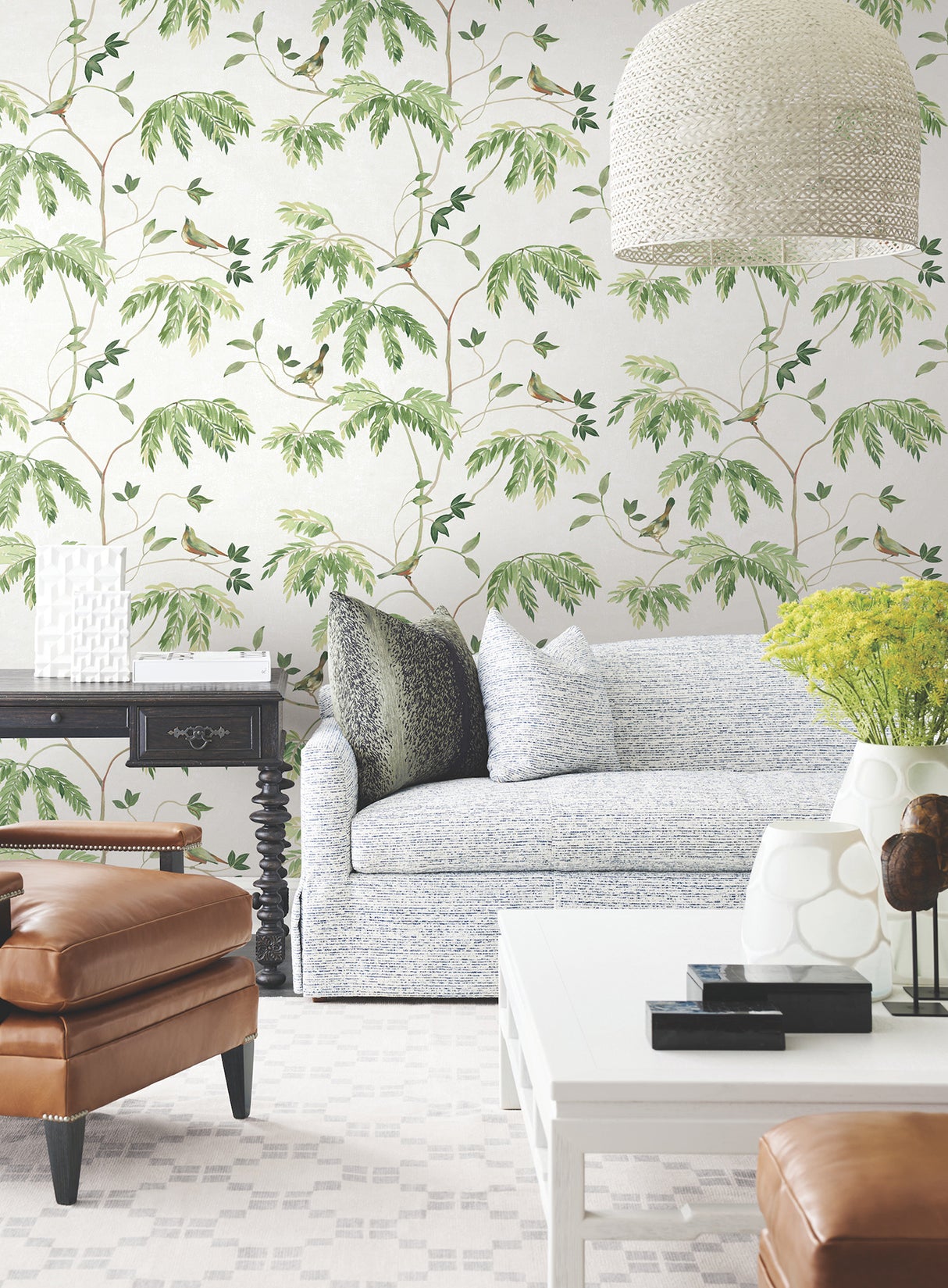 Cillian Green Botanical Bird Trail Wallpaper, Traditional Bird and Botanical Design in Green by Antonina Vella Layered Luxe - LL3250