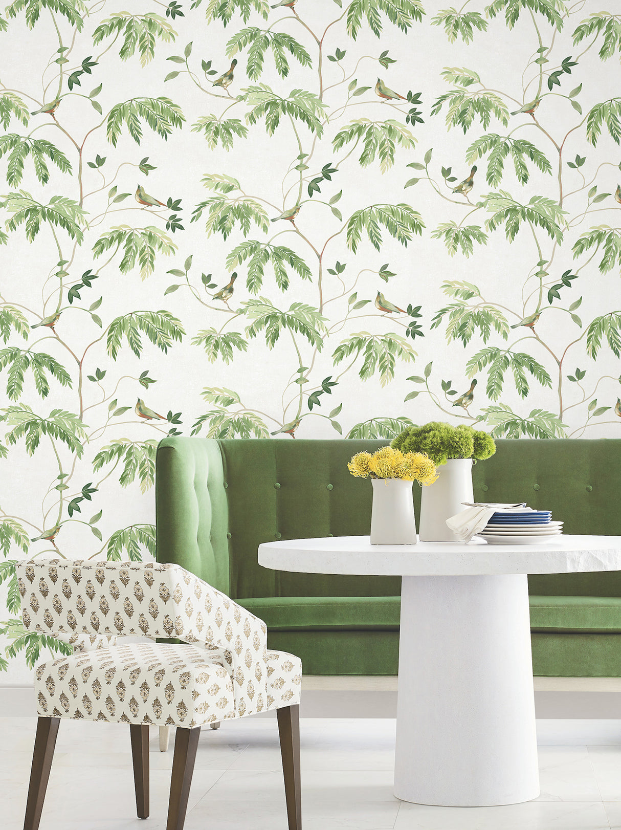 Cillian Green Botanical Bird Trail Wallpaper, Traditional Bird and Botanical Design in Green by Antonina Vella Layered Luxe - LL3250