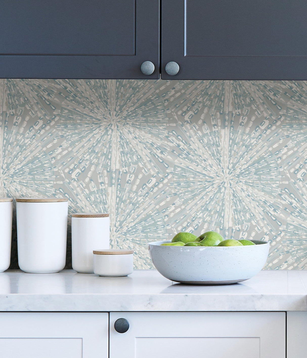 Sunburst Grey Blue Peel & Stick Wallpaper with Metallic Geometric Abstract Bohemian Pattern - NuWallpaper LLS4118