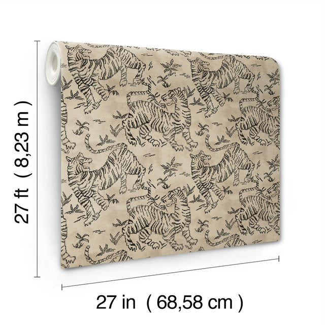 Orly Tigers Taupe Wallpaper with Vintage Animal Motif - York LM5332