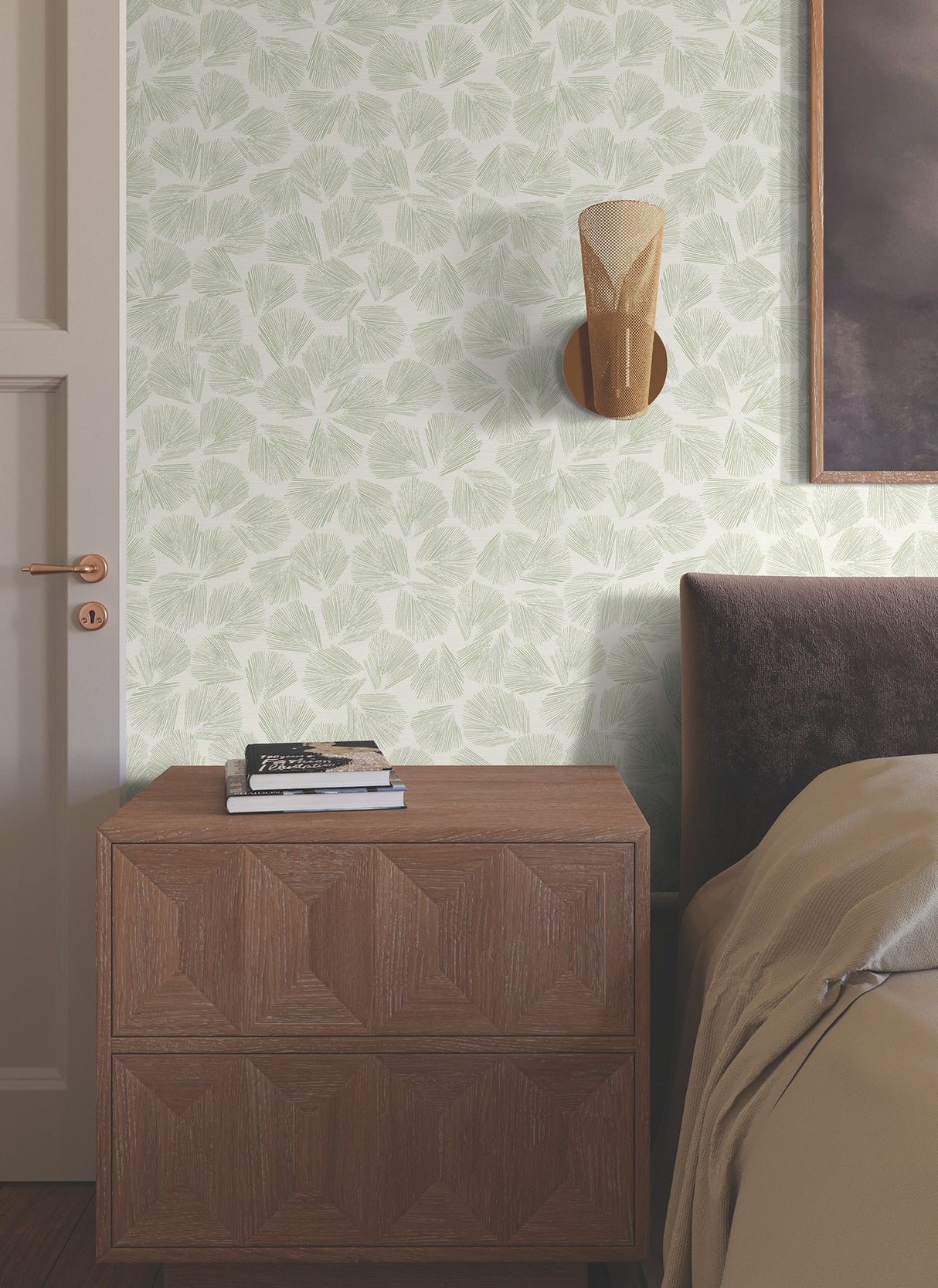 Elora Leaf Green Wallpaper with Metallic Botanical Pattern, Traditional Style - York LM5352