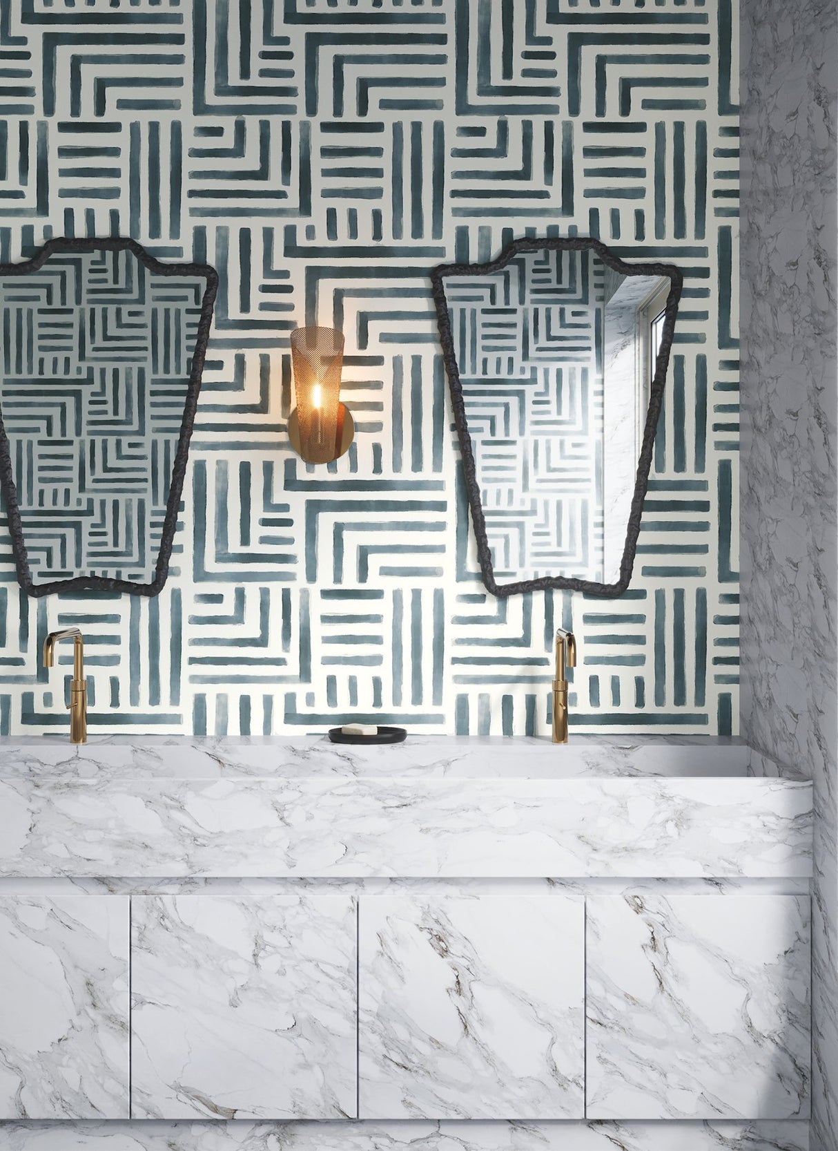 Painterly Labyrinth Aqua Geometric Non Woven Wallpaper - York LM5364