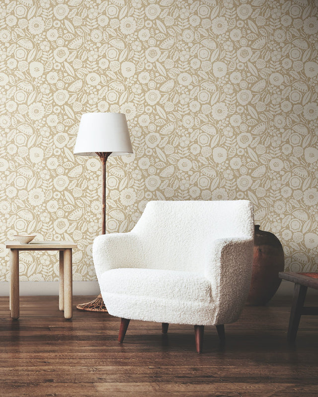 Camille Blossom Ochre Wallpaper with Floral Feature Wall Pattern - York LM5392