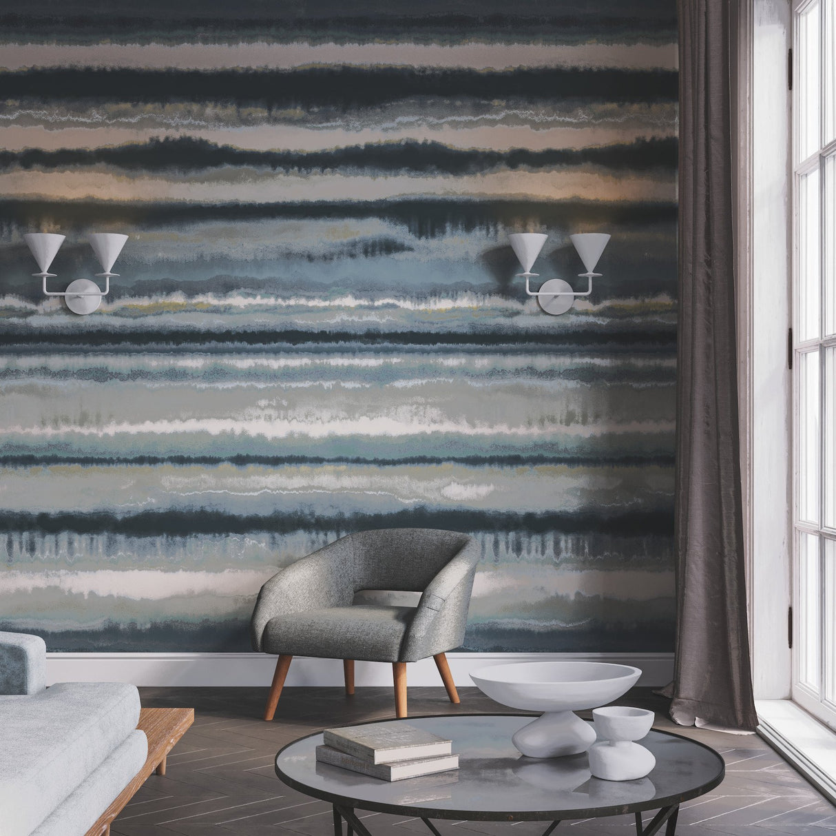 Edition Mural Blue Wall Mural with Abstract Painterly Stripes - York LM5426M