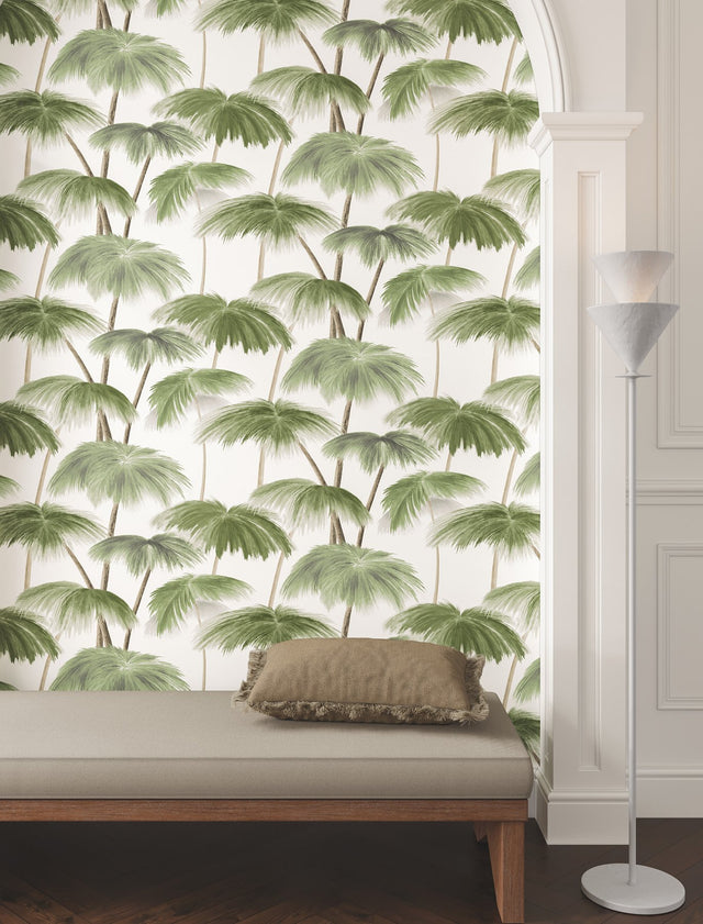 Plein Air Palms Green Wallpaper with Tropical Palm Frond Motif - LM5431