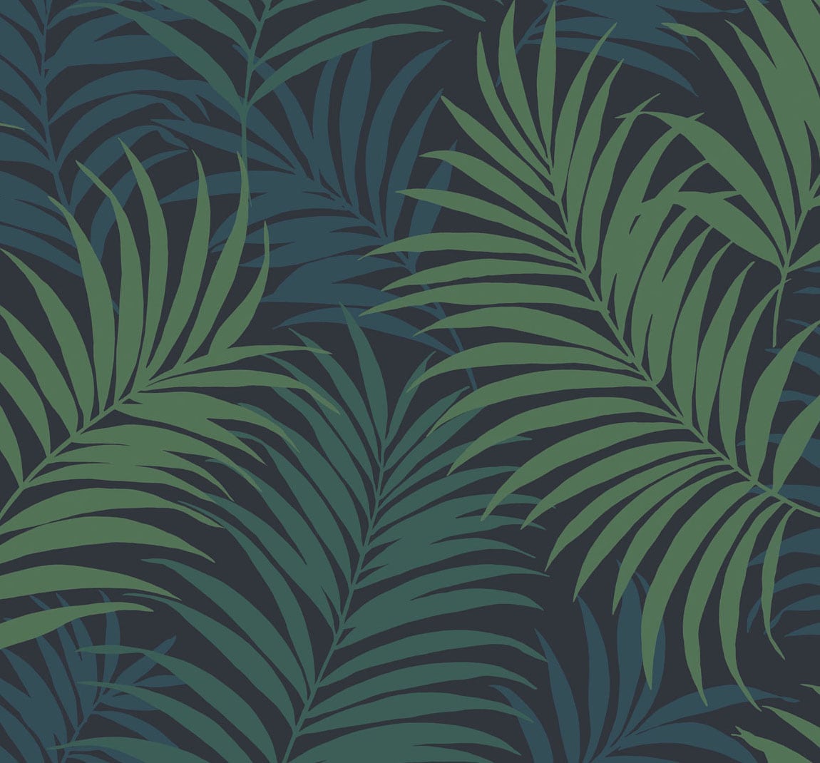 Via Palma palm leaf wallpaper in midnight blue with juniper and spearmint leaves