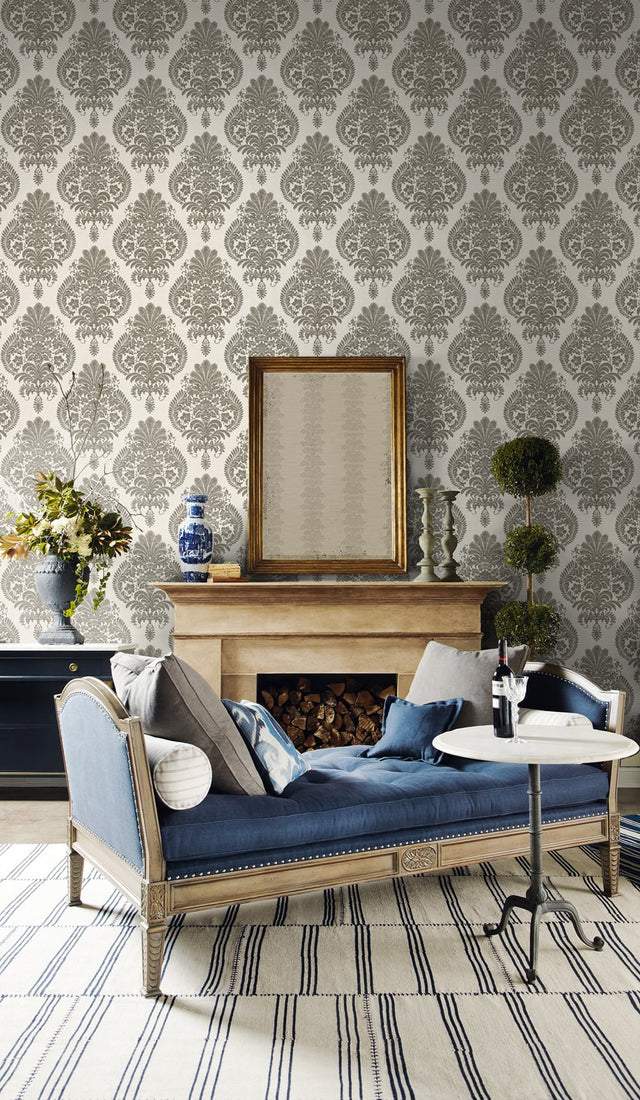 Antigua Damask Charcoal and Ivory by Luxe Retreat Damask Wallpaper – Lillian August LN10400