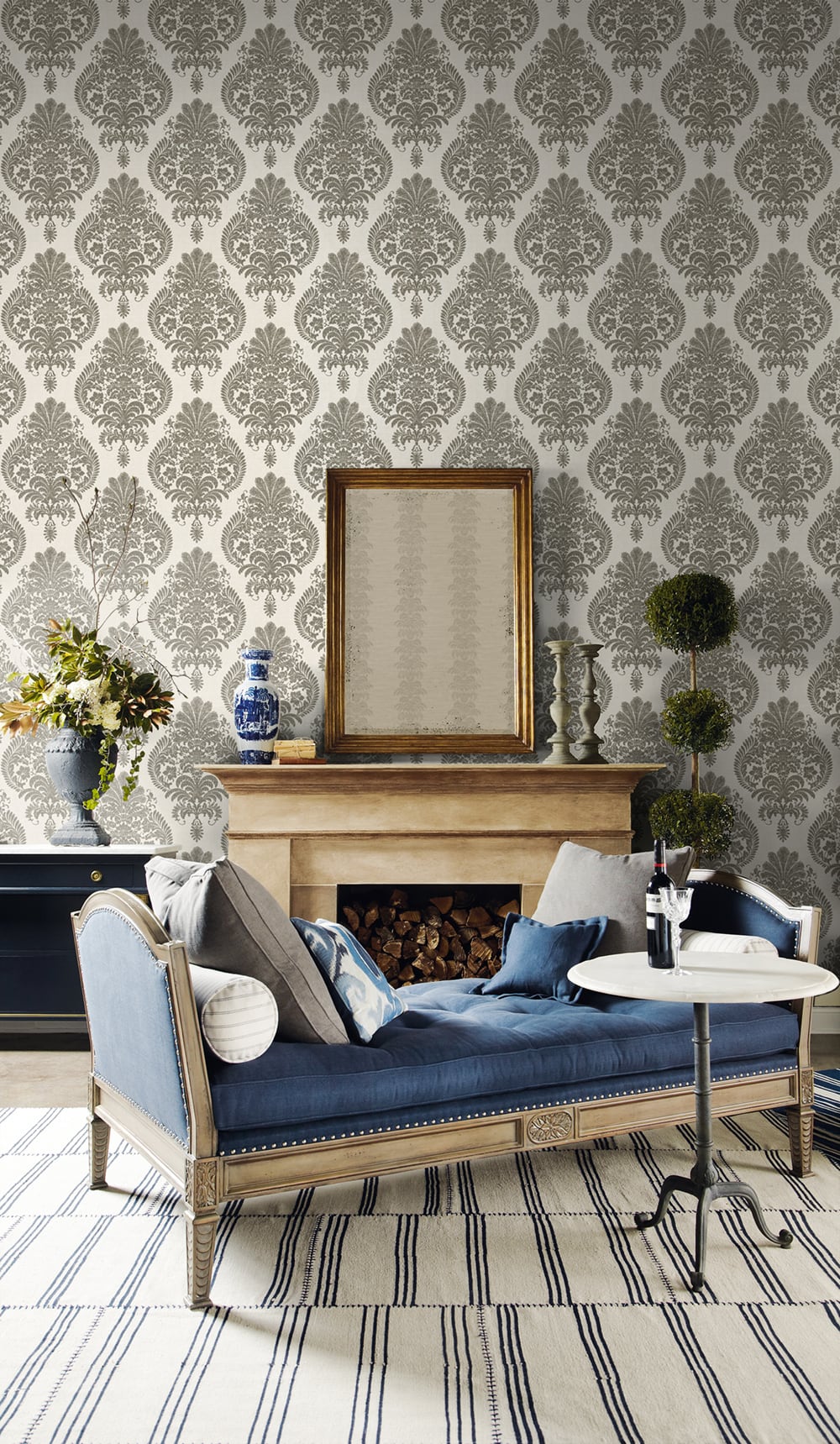 Antigua Damask Charcoal and Ivory by Luxe Retreat Damask Wallpaper – Lillian August LN10400