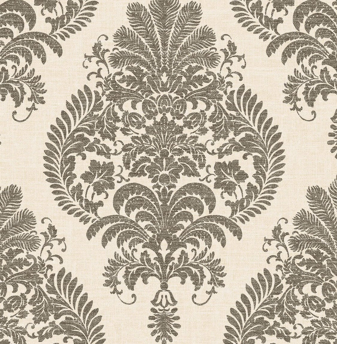 Antigua Damask wallpaper in charcoal and ivory with a classic damask motif