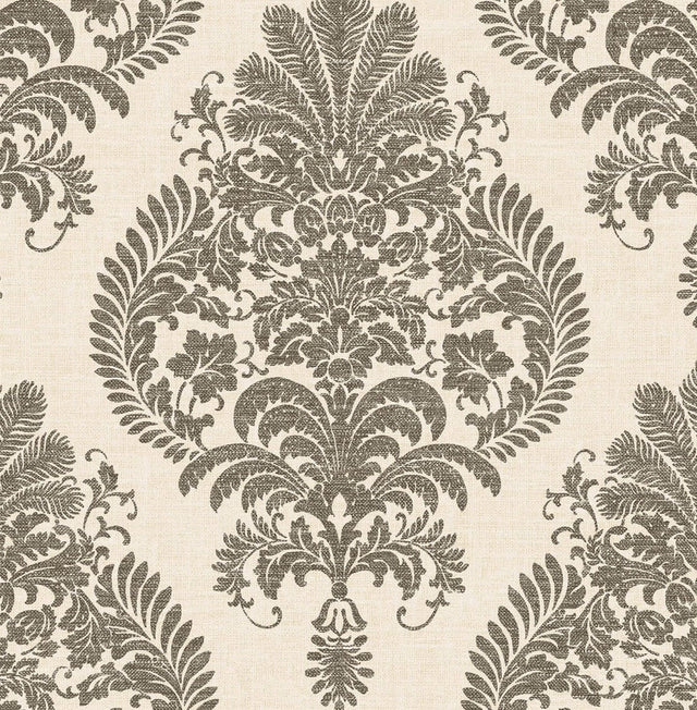 Antigua Damask wallpaper in charcoal and ivory with a classic damask motif