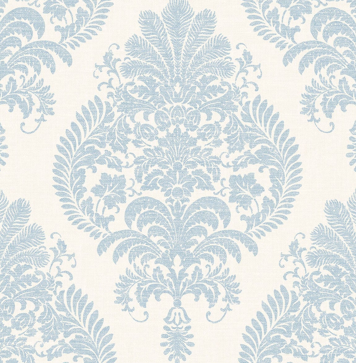 Antigua Damask wallpaper pattern in Blue Frost and Bone White