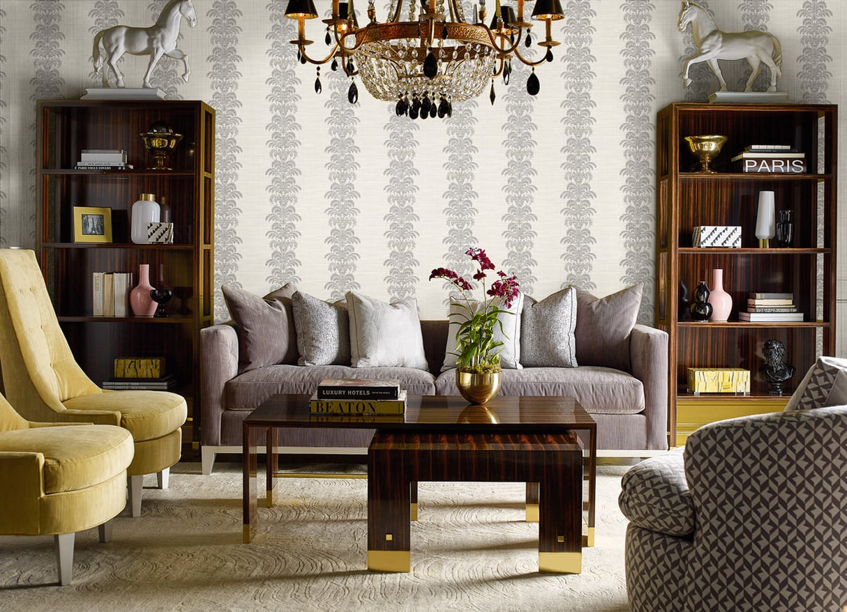 Palm Frond Stripe Charcoal and Ivory by Luxe Retreat Stringcloth Wallpaper – Lillian August LN10500