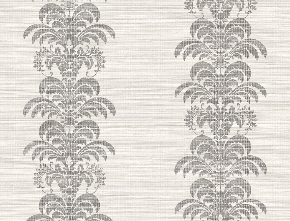 Charcoal and ivory palm frond stripe stringcloth wallpaper